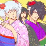  3boys 3mm angry bandage_over_one_eye black_hair crossdressing gintama japanese_clothes katsura_kotarou long_hair multiple_boys pipe ponytail sakata_gintoki takasugi_shinsuke 