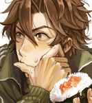  bayashiko brown_eyes brown_hair eating face food food_on_face makizushi male_focus otegine rice rice_on_face simple_background solo sushi touken_ranbu upper_body white_background 