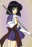  bishoujo_senshi_sailor_moon black_hair bow brown_bow cowboy_shot elbow_gloves gloves hino_ryutaro holding holding_staff looking_at_viewer magical_girl over_shoulder pleated_skirt purple_background purple_eyes purple_sailor_collar purple_skirt sailor_collar sailor_saturn sailor_senshi_uniform short_hair silence_glaive skirt smile solo staff super_sailor_saturn tiara tomoe_hotaru white_gloves 