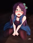  abigail_(stardew_valley) angry_num bad_id bad_pixiv_id bare_shoulders barefoot blush breasts choker cleavage crying crying_with_eyes_open dress fang green_eyes highres long_hair looking_at_viewer medium_breasts open_mouth pantyhose purple_hair sitting solo stardew_valley tears v_arms wariza 