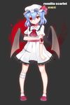  artist_name ascot bandage_over_one_eye bandaged_arm bandaged_leg bandages bat_wings blood blood_on_arm blood_on_face blue_hair character_name dress full_body hat hat_ribbon looking_at_viewer mob_cap papo puffy_sleeves red_eyes remilia_scarlet ribbon sash shoes short_hair short_sleeves simple_background solo touhou wings 