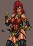  1girl armor bare_shoulders breasts brown_eyes cleavage dark_skin earrings gloves grey_background jewelry lips long_hair mary_argent muscle panties ponytail red_hair sword tales_of_(series) tales_of_destiny thighhighs weapon 