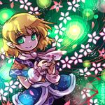  arm_warmers blonde_hair blue_jacket blush closed_mouth cowboy_shot danmaku eyebrows eyebrows_visible_through_hair floral_background flower green_background green_eyes jacket looking_at_viewer lowres mizuhashi_parsee pointy_ears pote_(ptkan) scarf short_hair short_sleeves smile solo touhou 