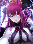  absurdres aora breasts broken_glass dragon_horns elizabeth_bathory_(fate) elizabeth_bathory_(fate)_(all) fate/extra fate/extra_ccc fate_(series) glass highres horns long_hair looking_at_viewer parted_lips pink_eyes pointy_ears purple_hair small_breasts solo two_side_up 