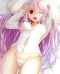  animal_ears arm_up breasts bunny_ears cowboy_shot large_breasts long_hair long_sleeves looking_at_viewer lying navel no_pants on_back one_eye_closed open_mouth panties pillow purple_hair red_eyes reisen_udongein_inaba shiron_(e1na1e2lu2ne3ru3) shirt side-tie_panties solo thighs touhou underwear very_long_hair white_panties 