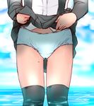  asashio_(kantai_collection) bad_id bad_pixiv_id black_legwear black_skirt blue_panties cloud cloudy_sky day horizon kantai_collection legs_apart lifted_by_self long_sleeves lower_body ocean panties pleated_skirt shirt skirt skirt_lift sky solo soubi standing suspender_skirt suspenders thighhighs underwear water water_drop wet white_shirt 