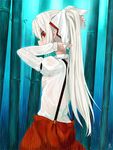  bamboo bamboo_forest bow commentary_request cowboy_shot forest fujiwara_no_mokou hair_bow juliet_sleeves long_hair long_sleeves looking_at_viewer nature pants ponytail profile puffy_sleeves rain red_eyes red_pants saryuu_(iriomote) shirt silver_hair solo suspenders touhou wet wet_clothes white_shirt 
