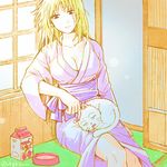  1boy 1girl 3mm animalization blonde_hair breasts cat cleavage earrings gintama japanese_clothes jewelry large_breasts sakata_gintoki scar sitting sleeping smile tsukuyo tsukuyo_(gintama) 