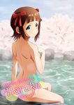  2016 amami_haruka ass bangs blue_sky blunt_bangs blush body_blush bow breasts brown_hair character_name cherry_blossoms closed_mouth dated day from_behind green_eyes hair_bow happy_birthday idolmaster idolmaster_(classic) looking_back medium_breasts nude onsen plant red_bow rock short_hair sideboob sidelocks sitting sky smile soaking_feet solo spring_(season) sunsun69 tareme tree water 