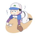  ayu_(mog) bad_id bad_pixiv_id baseball_cap baseball_mitt baseball_uniform basketball black_eyes black_hair hat kneeling male_focus matsuno_ichimatsu osomatsu-kun osomatsu-san solo sportswear translated 