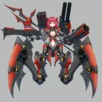  absurdres breasts cannon cleavage full_body gatling_gun grey_background gun highres holding holding_weapon large_breasts looking_at_viewer machinery mcrc_science mecha_musume mechanical_legs multiple_arms original polearm railgun red_eyes red_hair rocket_launcher simple_background solo spear turret weapon 