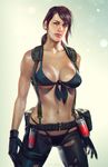  artstation_sample belt bikini breasts brown_hair cleavage covered_nipples eliant_elias explosive front-tie_bikini front-tie_top gloves grenade highres holster image_sample large_breasts lips looking_at_viewer metal_gear_(series) metal_gear_solid_v navel pantyhose ponytail quiet_(metal_gear) realistic smoke_grenade solo suspenders swimsuit torn_clothes torn_legwear 