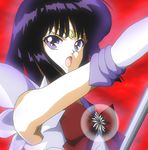  bishoujo_senshi_sailor_moon black_hair bow brooch elbow_gloves gloves hino_ryutaro holding holding_staff jewelry magical_girl open_mouth purple_eyes purple_sailor_collar red_background red_bow sailor_collar sailor_saturn sailor_senshi_uniform serious short_hair solo staff tiara tomoe_hotaru upper_body white_gloves 