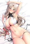  arm_behind_head arm_up armpits bed_sheet bikini blue_eyes blush bow breasts cleavage derauea elena_vilenskaya eyelashes fingernails from_above gakuen_taisen_valkyries hair_ribbon highres large_breasts light_brown_hair long_hair low-tied_long_hair lying navel on_back ribbon side-tie_bikini solo stomach sweat swimsuit untied untied_bikini very_long_hair white_bikini 