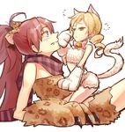  2girls alternate_costume animal_ears arm_support bell blonde_hair blush bow bowtie cat_ears cat_tail closed_mouth crop_top die_(die0118) eye_contact fang gloves jingle_bell kemonomimi_mode leaning_back long_hair looking_at_another mahou_shoujo_madoka_magica midriff multiple_girls on_person paw_gloves paws pink_bow pink_neckwear profile red_eyes red_hair rubbing_eyes sakura_kyouko scarf simple_background sitting sitting_on_person sketch sleeveless striped striped_scarf tail tomoe_mami white_background yellow_eyes yuri 
