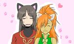  1girl animal_ears bare_shoulders black_hair breasts cleavage dalis_vincent dark_skin earrings eyes_closed heart jacket jewelry long_hair mary_argent open_mouth orange_hair ponytail tales_of_(series) tales_of_destiny 
