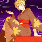  1girl 3mm blonde_hair gintama japanese_clothes pipe purple_eyes scar sitting smile solo tsukuyo tsukuyo_(gintama) 