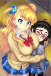  black_hair blonde_hair blue_eyes breast_press breast_smother breasts brown_eyes cardigan cheek_squash galko glasses hair_ornament hair_scrunchie highres hug kyodairobo large_breasts long_hair multiple_girls one_eye_closed one_side_up oshiete!_galko-chan otako_(galko) pantyhose red-framed_eyewear school_uniform scrunchie smile sweater 