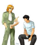  blonde_hair condom erection full_metal_panic! grin inmomakuro kurz_weber male_focus multiple_boys penis sagara_sousuke smile testicles undressing yaoi 