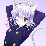  ;) adjusting_hair animal_ears arms_up breasts bunching_hair cat_ears cat_girl cat_tail closed_mouth commentary_request curly_hair heart hunter_x_hunter looking_at_viewer neferpitou one_eye_closed red_eyes rubber_band short_hair silver_hair slit_pupils small_breasts smile solo tail upper_body watarui 