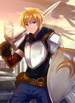  battleship belt belt_pouch blonde_hair blue_eyes breastplate crocea_mors_(rwby) denim gloves hood hoodie jaune_arc jeans mai_(xskdizzy) male_focus military military_vehicle pants pauldrons pouch rwby shield ship solo sword warship watercraft weapon 