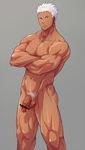  abs archer bara fate/stay_night fate/zero fate_(series) funa_(artist) looking_at_viewer male_focus muscle nude pecs penis simple_background solo testicles 