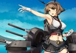  :d armpits bare_shoulders belt black_skirt blue_sky breasts brown_hair cannon chain clenched_hand collarbone corset cowboy_shot day eyebrows eyebrows_visible_through_hair gloves green_eyes hairband headgear jewelry kantai_collection large_breasts machinery mutsu_(kantai_collection) navel neck_ring ocean open_mouth outdoors outstretched_arm pallad pleated_skirt short_hair skirt sky sleeveless smile solo stomach turret underbust v-shaped_eyebrows vest water white_gloves white_vest 