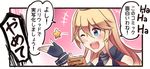  bangs bare_shoulders blonde_hair blue_eyes collar death_flag fingerless_gloves gloves hand_up hat ido_(teketeke) iowa_(kantai_collection) kantai_collection long_hair manga_(object) one_eye_closed open_mouth reverse_translation sleeveless solo star tears translated wrist_cuffs 