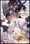  black_border black_nails blonde_hair border chain checkered checkered_floor green_eyes highres jou_(13736331) lying male_focus mirror nail_polish necktie on_back one_eye_closed seigaiha solo_focus touken_ranbu yamanbagiri_kunihiro 