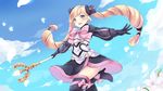  bad_id bad_pixiv_id black_footwear black_legwear blush boots bow bowtie cloud day earrings elise_(fire_emblem_if) fire_emblem fire_emblem_if flower hair_bow jewelry kaetzchen leaf long_hair open_mouth petals pink_eyes sky solo staff thigh_boots thighhighs twintails 