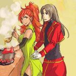 1girl bare_shoulders black_eyes black_hair breasts cooking dress earrings gloves jacket jewelry lips long_hair mary_argent open_mouth ponytail red_hair smile tales_of_(series) tales_of_destiny thighhighs yellow_eyes 