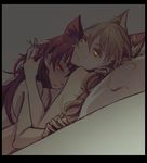  animal_ears bangs black_border blonde_hair border cat_ears closed_mouth cuddling die_(die0118) dutch_angle fang frown glowing glowing_eyes hair_between_eyes hair_down hand_in_another's_hair hug kemonomimi_mode long_hair looking_at_viewer lying mahou_shoujo_madoka_magica multiple_girls nude on_back on_bed on_person on_stomach pillow red_eyes red_hair sakura_kyouko sketch slit_pupils tomoe_mami yellow_eyes yuri 