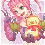  1girl chelsea_torn choker doll elbow_gloves gloves green_eyes long_hair navel open_mouth pink_hair tales_of_(series) tales_of_destiny twintails v 