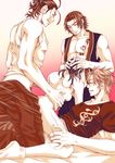  3boys anal aogiri_yukio breasts clothed_male_nude_female cum cumdrip drooling erection fellatio gangbang gradient gradient_background group_sex happy_sex multiple_boys muscle nude oral penis saliva sex steam sweat testicles touken_ranbu vaginal 