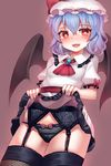  bad_id bad_twitter_id bat_wings black_legwear black_panties blue_hair blush bow bow_panties fangs fishnets garter_belt hat heart heart-shaped_pupils highres lace lifted_by_self looking_at_viewer mob_cap open_mouth panties papo puffy_short_sleeves puffy_sleeves red_eyes remilia_scarlet short_sleeves simple_background skirt skirt_lift solo symbol-shaped_pupils teeth thighhighs touhou underwear wings 