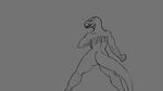  2016 3_toes 5_fingers animated anthro bottomless breasts butt claws clothed clothing dinosaur female fight fuzzamorous grey_background greyscale looking_at_viewer martial_arts monochrome pussy sephira_tridell_(tabra) sharp_claws sharp_teeth simple_background sketch solo standing teeth theropod toes tyrannosaurus_rex 