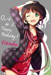  2016 amami_haruka brown_hair character_name dated fedora green_eyes grey_background hand_on_headwear happy_birthday hat highres idolmaster idolmaster_(classic) jewelry looking_at_viewer maa-san_(dammerung) one_eye_closed pendant short_hair solo 