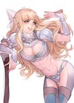 armor bangs biceps bikini_armor blonde_hair blue_eyes bow breasts charlotte_(fire_emblem_if) cleavage fire_emblem fire_emblem_if hair_bow highres large_breasts long_hair pauldrons sinnygoto smile solo spikes weapon white_bow 