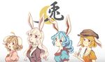  animal_ears bad_id bad_twitter_id blue_hair brown_hair bunny_ears carrot cheong_ha crescent dango eating flat_cap floppy_ears food gradient gradient_background hat inaba_tewi jacket jewelry long_hair long_sleeves looking_at_viewer multiple_girls necklace necktie open_mouth orange_hair puffy_sleeves red_eyes reisen_udongein_inaba ringo_(touhou) sanshoku_dango seiran_(touhou) short_hair short_sleeves smile text_focus touhou upper_body wagashi white_hair 