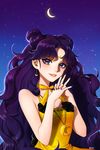  aegyo bad_source bishoujo_senshi_sailor_moon blue_eyes choker double_bun earrings jewelry luna_(sailor_moon) luna_(sailor_moon)_(human) moon nail_polish necklace night personification purple_hair purple_nails ribbon sky smile solo yellow_choker yellow_ribbon 