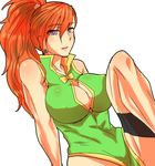  1girl bare_shoulders blush breasts cleavage cleavage_cutout dress earrings jewelry large_breasts long_hair looking_at_viewer mary_argent muscle open_mouth orange_hair ponytail purple_eyes solo tales_of_(series) tales_of_destiny 
