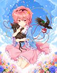  bird blue_sky blush bow cat cloud crow day eyeball field floral_print flower flower_field full_body hairband heart heart_of_string highres jumping kaenbyou_rin kaenbyou_rin_(cat) kisa_limy komeiji_satori long_sleeves looking_at_viewer multiple_tails petals pink_hair pink_skirt red_eyes reiuji_utsuho reiuji_utsuho_(bird) shirt short_hair skirt sky smile string tail third_eye touhou wide_sleeves 