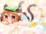  :3 animal_ears bath bathtub brown_eyes brown_hair bubble cat_ears cat_tail chen closed_mouth commentary_request ibaraki_natou jewelry multiple_tails nekomata rubber_duck short_hair single_earring solo tail touhou two_tails 