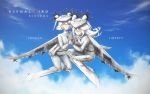  2girls ace_combat_7 arsenal_bird blue_sky bodysuit cloud contra-rotating_propellers flying hair_between_eyes hand_holding headgear highres kama_iruka long_hair looking_at_viewer mecha_musume multiple_girls personification propeller short_hair sky white_hair wide-eyed wings yellow_eyes 