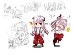  2girls anger_vein bow chibi commentary_request fang fighting fire fujiwara_no_mokou hair_bow hair_ribbon hand_on_hip houraisan_kaguya long_hair looking_at_viewer monster_energy multiple_girls open_mouth pants red_eyes red_pants ribbon saryuu_(iriomote) shirt silver_hair sketch suspenders touhou white_shirt 