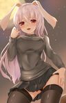  alternate_costume animal_ears black_legwear breasts bunny_ears extra_ears full_moon highres large_breasts long_hair long_sleeves looking_at_viewer miniskirt moon night open_mouth panties pantyshot pantyshot_(standing) pink_hair pleated_skirt red_eyes reisen_udongein_inaba shiron_(e1na1e2lu2ne3ru3) skirt skirt_lift sky smile solo standing star_(sky) starry_sky sweater thighs touhou underwear very_long_hair 