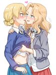  bad_id bad_twitter_id blonde_hair blue_eyes blue_sweater blush braid clothes_lift collared_shirt darjeeling girls_und_panzer groin groping hand_on_another's_chest heart kay_(girls_und_panzer) long_sleeves looking_at_another midriff multiple_girls necktie pleated_skirt raised_eyebrows saunders_school_uniform school_uniform shirt shirt_lift skirt st._gloriana's_school_uniform sweatdrop sweater sweater_lift undressing white_background white_shirt yoban yuri 