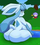  2016 big_breasts big_butt blush breasts butt eeveelution forest glaceon kirbot12 kirby kirby_(series) lake nintendo pok&eacute;ball pok&eacute;dex pok&eacute;mon sitting smile surprise thick_thighs tree video_games voluptuous xen 