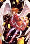  antenna_hair blurry blush brown_hair card cardcaptor_sakura clow_card commentary_request depth_of_field dress feathers frills full_body glove_bow gloves green_eyes hair_ribbon hat highres hoshi_no_tsue kinomoto_sakura magical_girl pantyhose puffy_short_sleeves puffy_sleeves red_footwear red_ribbon ribbon sakura_card shoes short_hair short_sleeves smile solo staff star swordsouls wand white_legwear white_wings wings 