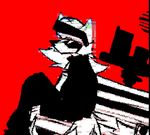  80s 8_bit anthro armor black_and_white canine car clotches clothing fur glitch hair headwear helmet jacket mammal monochrome noir noite raccoon retro simple_background urban vehicle wolf 